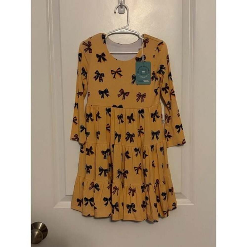 Minikin Mischief Girls Orange Bow Print Tiered Long Sleeve Dress Kids Size 4T